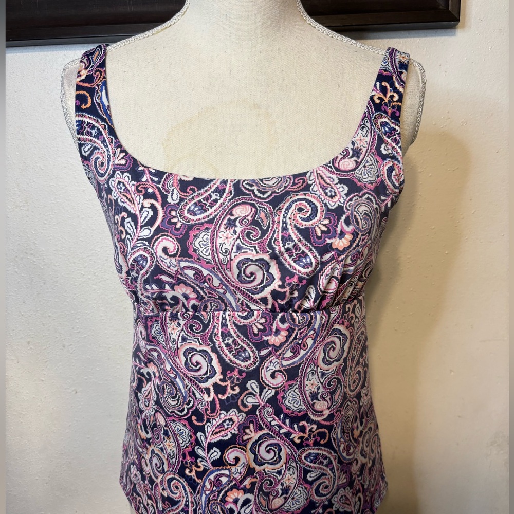 Lands' End Navy Paisley Tankini Top with Pink and White Accents